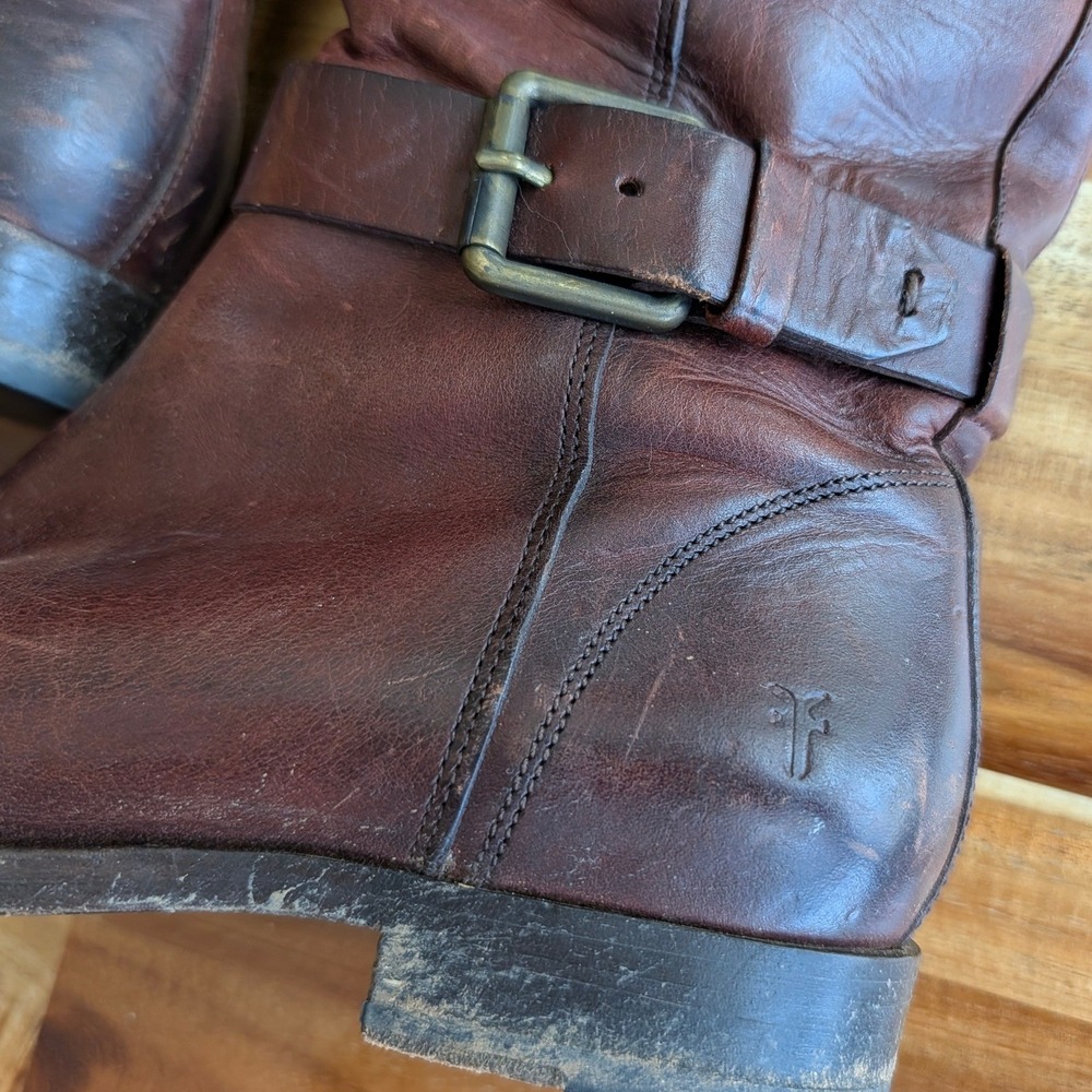 Frye Tall Leather Boots Brown‎ Moto Equestrian Buckle Zip Size 5.5 - Picture 6 of 11